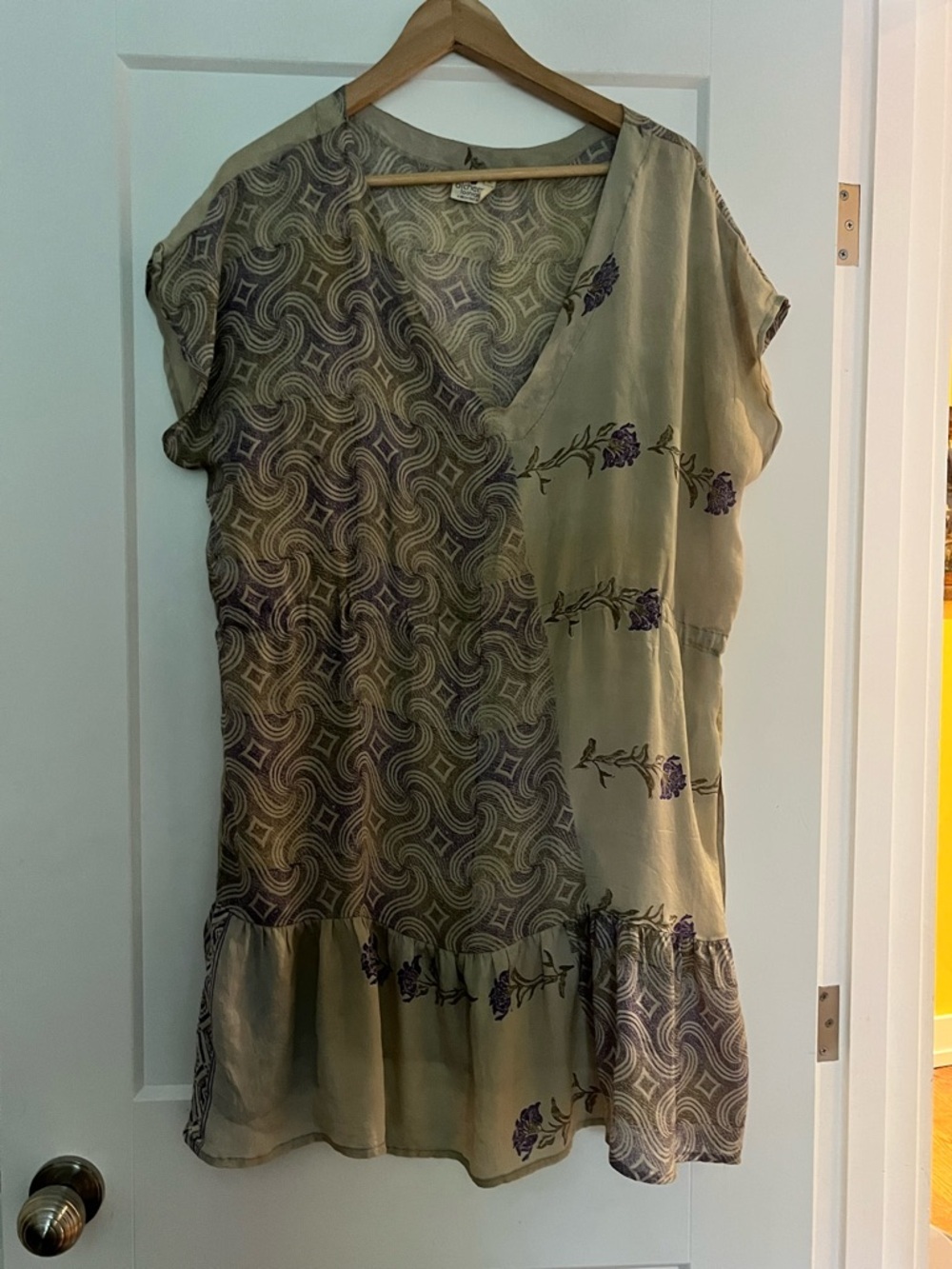 NWOT Repurposed Sari 100% Silk Floral Mini/Midi Dress With Flounce Ruffle XL